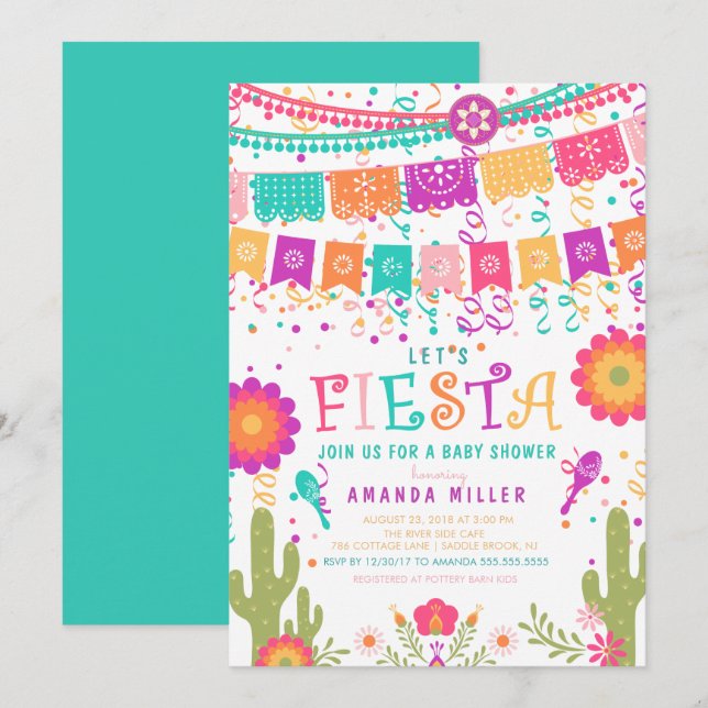 Farbenfrohe Let's Fiesta Baby Dusche Einladung (Vorne/Hinten)
