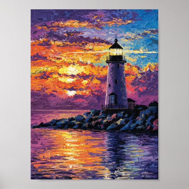 "Farbenfrohe Leuchttürme Sonnenuntergangsmalerei - Poster (Vorne)
