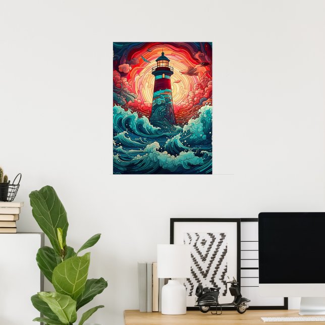 Farbenfrohe Leuchtturmwand am Meer Poster (Heimbüro)
