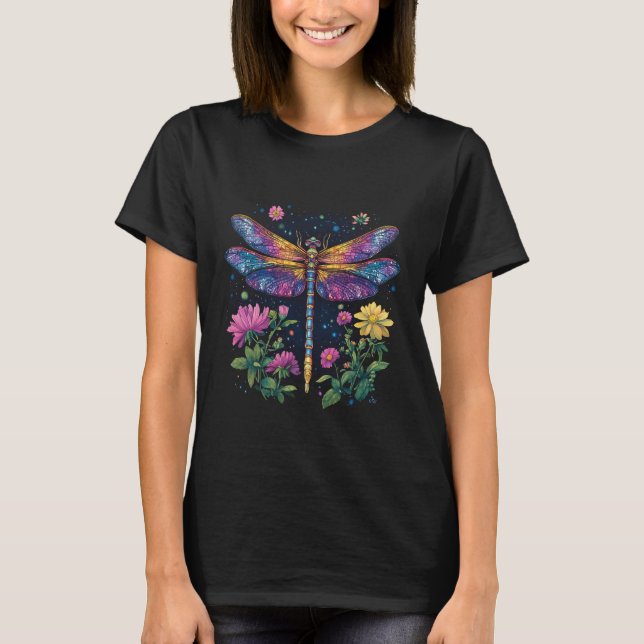 Farbenfrohe Libelle mit Blume T-Shirt (Vorderseite)