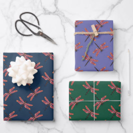 Farbenfrohe Libellenmuster auf dunklem Hintergrund Geschenkpapier Set