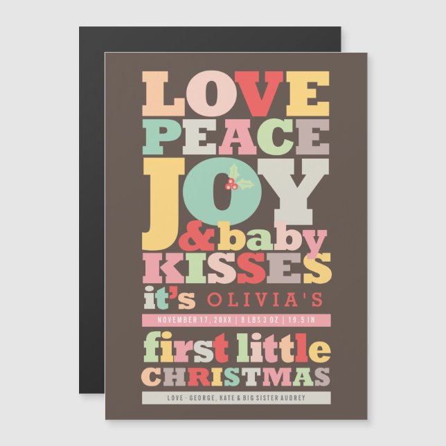 Farbenfrohe Liebe Frieden Freude und Baby Kisses B Magnetkarte (Vorne/Hinten)