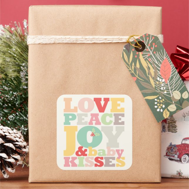 Farbenfrohe Liebe Frieden Freude und Baby Kisses B Quadratischer Aufkleber (Feiertag)