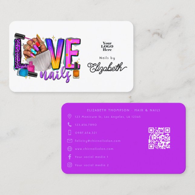Farbenfrohe "Liebe Nails" Slogan Chic Nail Salon Visitenkarte (Vorne/Hinten)