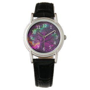 Farbenfrohe Lila Baumstars Universum Artwork Armbanduhr