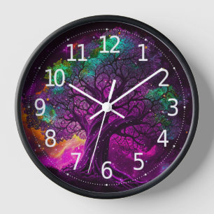 Farbenfrohe Lila Baumstars Universum Artwork   Uhr