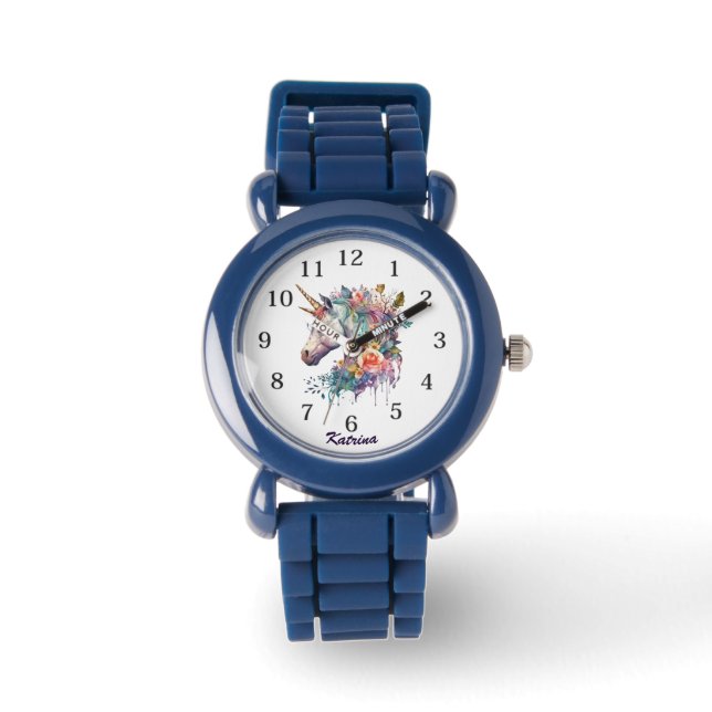 Farbenfrohe Lila Magie Florenz Einhorn Wasserfarbe Armbanduhr (Vorderseite)