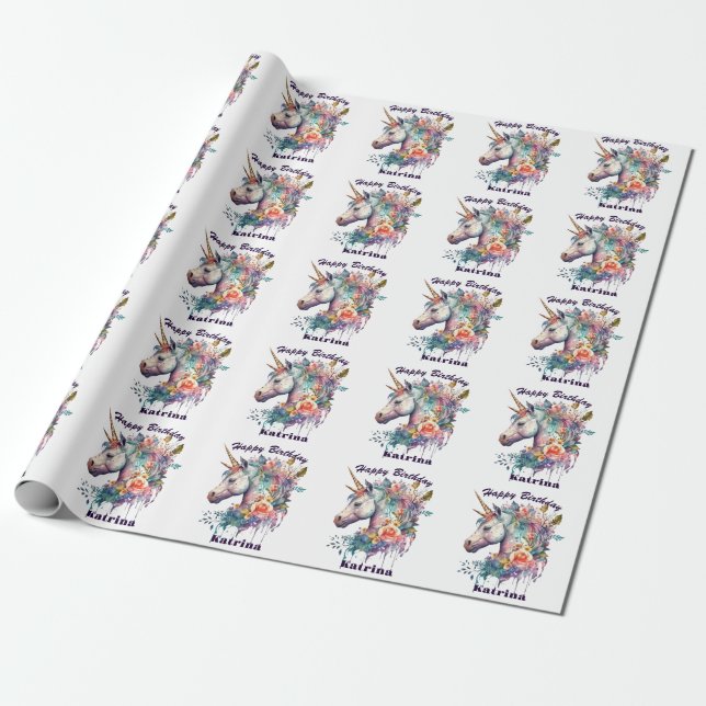 Farbenfrohe Lila Magie Florenz Einhorn Wasserfarbe Geschenkpapier (Ungerollt)
