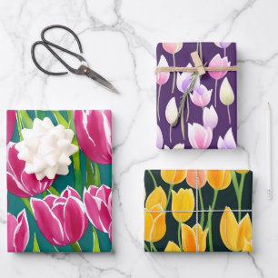 Farbenfrohe Lila Rot-Gelb-Wasserfarbe Tulip Geschenkpapier Set