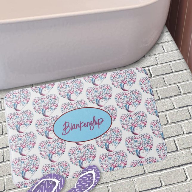 Farbenfrohe Lila und Aquamarine Baumherzen nach Ma Badematte (bath math with pattern design)