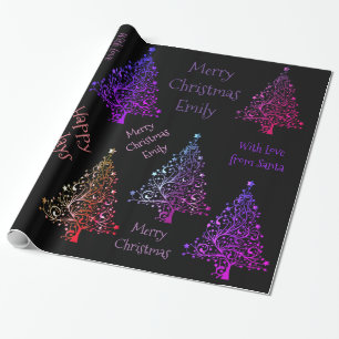 Farbenfrohe Lila Weihnachtsbaummuster mit Namen Geschenkpapier