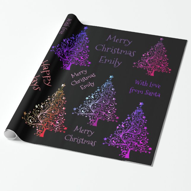 Farbenfrohe Lila Weihnachtsbaummuster mit Namen Geschenkpapier (Ungerollt)