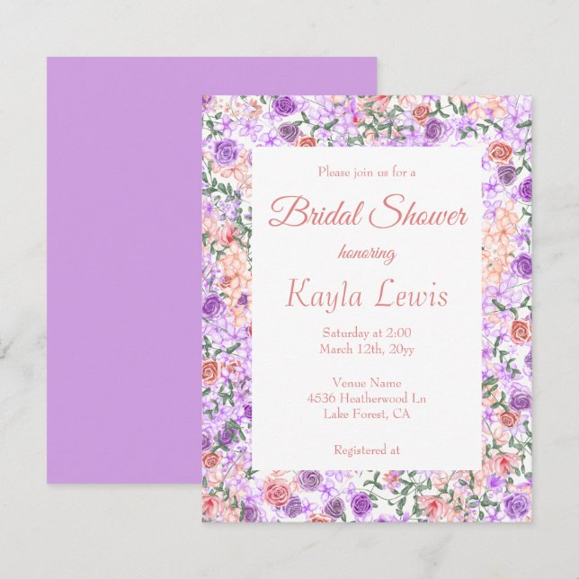 Farbenfrohe Lilac & Peach Brautparty Einladung (Vorne/Hinten)