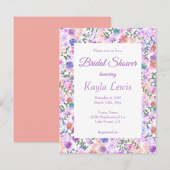 Farbenfrohe Lilac, Peach, Pink, Blue Brautparty Einladung (Vorne/Hinten)