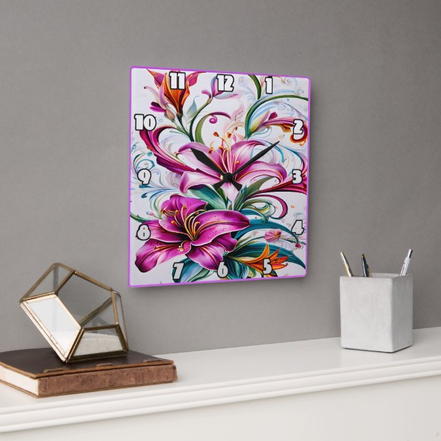 Farbenfrohe Lily-Blume im lebhaften Blumendesign Quadratische Wanduhr (Büro)