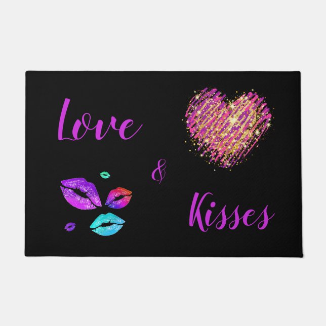 Farbenfrohe Lippen mit Liebe & Kisses Fußmatte (Vorderseite)