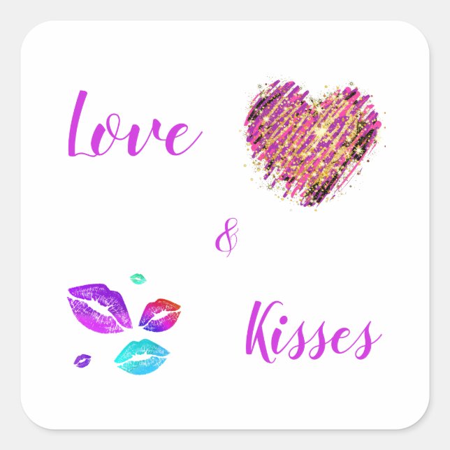 Farbenfrohe Lippen mit Liebe & Kisses Quadratischer Aufkleber (Vorderseite)