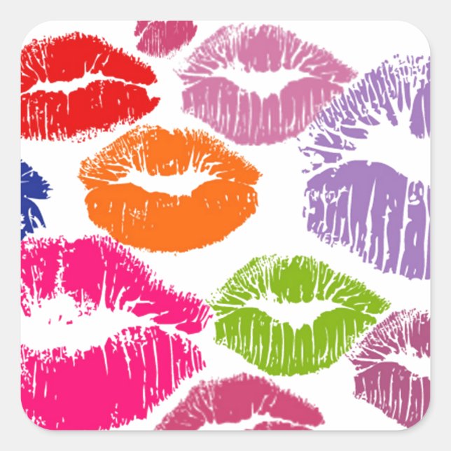 Farbenfrohe Lipstick Kisses Lippfarbe Quadratischer Aufkleber (Vorderseite)