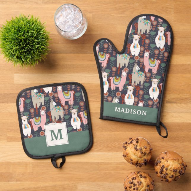 Farbenfrohe Llamas-Muster Ofenhandschuh & Topflappen-Set (Oben Unten)