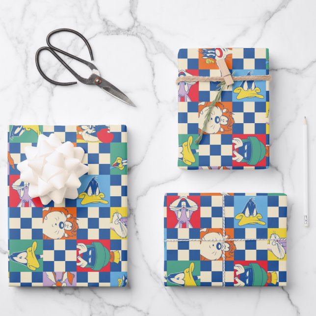 Farbenfrohe LOONEY TUNES™ Schachbrett Toss Pattern Geschenkpapier Set (Vorderseite)