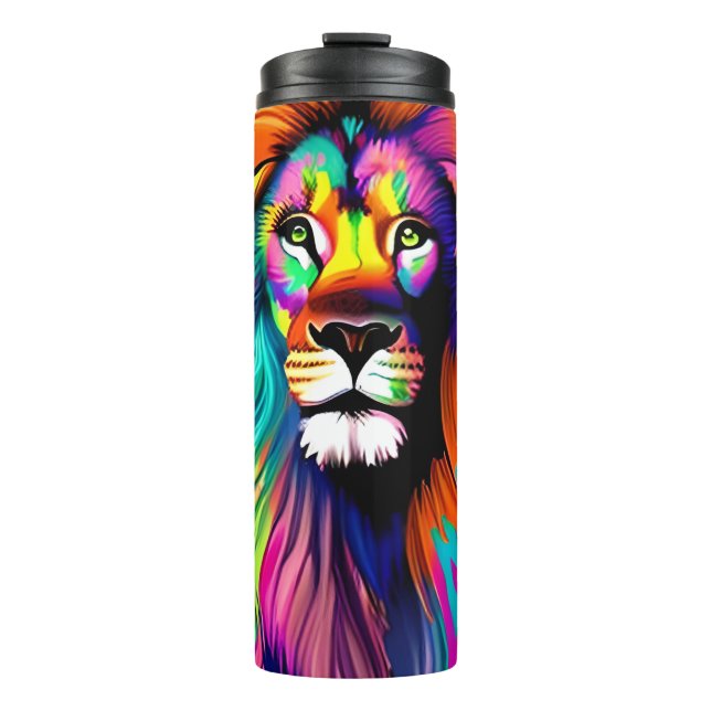 Farbenfrohe Löwe Digitale Kunst Thermosbecher (Vorderseite)
