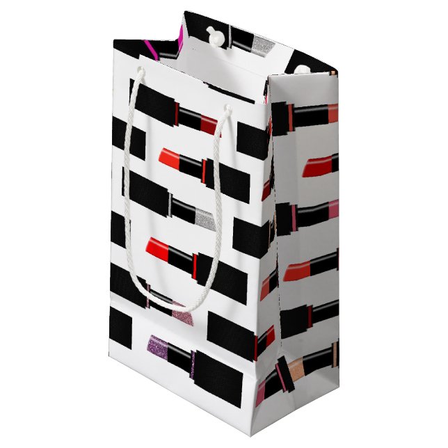 Farbenfrohe Lux Lipstick Makeup Kosmetikmuster Kleine Geschenktüte (Vorderseite Schrägansicht)