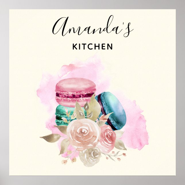 Farbenfrohe Macarons und Blume Aquarell Küche Poster (Vorne)