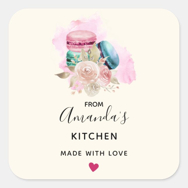 Farbenfrohe Macarons und Blume Aquarell Küche Quadratischer Aufkleber (Vorderseite)