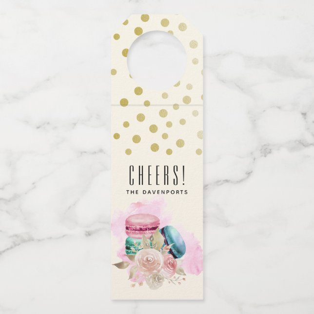 Farbenfrohe Macarons und Blume Aquarellfarben jube Flaschenanhänger (Vorderseite)