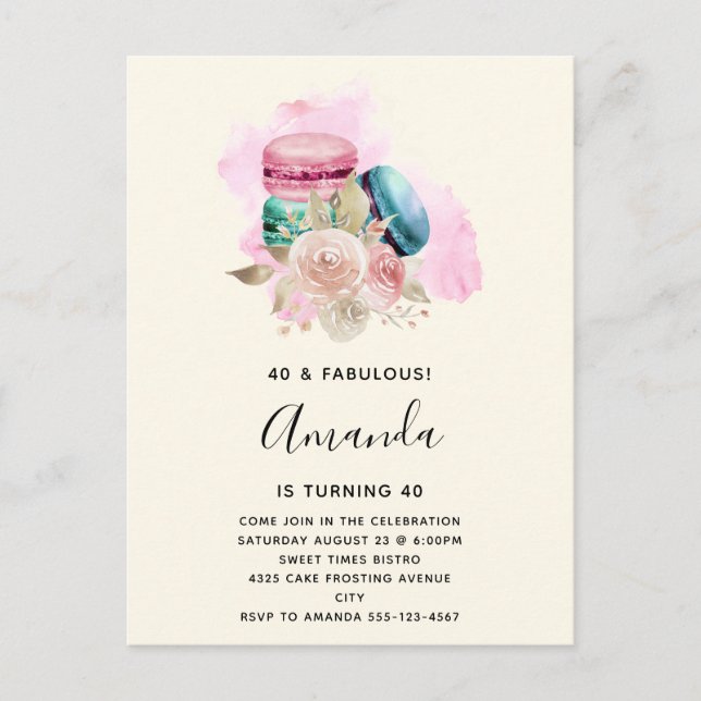 Farbenfrohe Macarons und Blume Wasserfarbe Geburts Einladungspostkarte (Vorderseite)