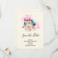 Farbenfrohe Macarons und Blume Wasserfarbe Geburts