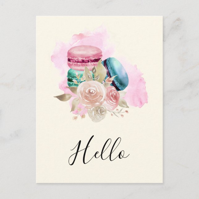 Farbenfrohe Macarons und Blume Wasserfarbe Hallo Postkarte (Vorderseite)