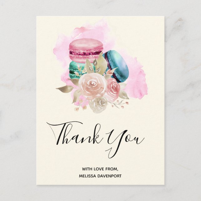 Farbenfrohe Macarons und Blume Wasserfarbe Vielen  Postkarte (Vorderseite)