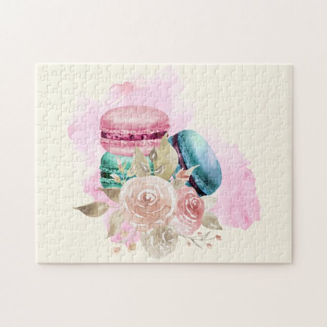 Farbenfrohe Macarons und Blume Wasserfarben (Horizontal)