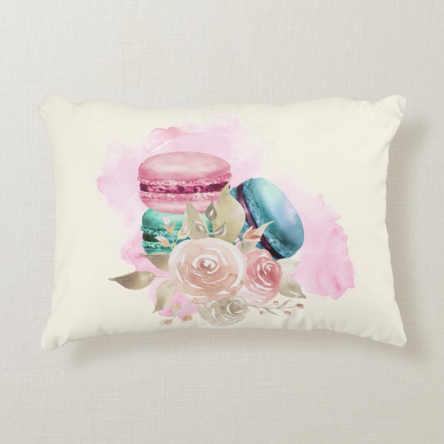 Farbenfrohe Macarons und Blume Wasserfarben Dekokissen (Vorderseite)