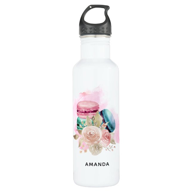 Farbenfrohe Macarons und Blume Wasserfarben Edelstahlflasche (Vorderseite)