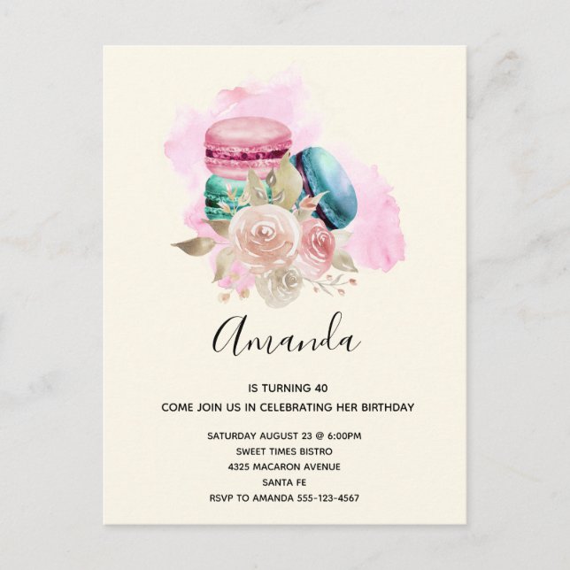 Farbenfrohe Macarons und Blume Wasserfarben Einladungspostkarte (Vorderseite)