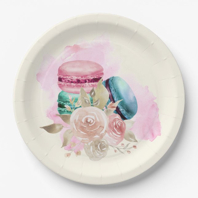 Farbenfrohe Macarons und Blume Wasserfarben Pappteller (Vorderseite)