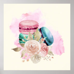 Farbenfrohe Macarons und Blume Wasserfarben Poster