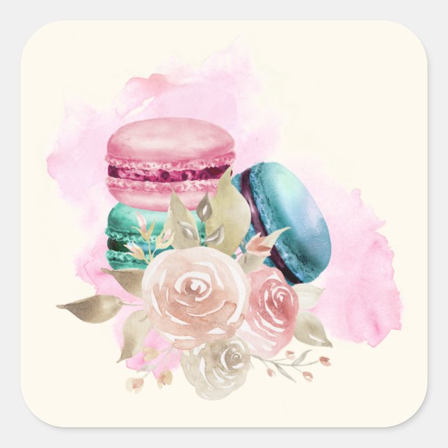 Farbenfrohe Macarons und Blume Wasserfarben Quadratischer Aufkleber (Vorderseite)