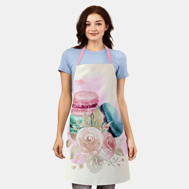 Farbenfrohe Macarons und Blume Wasserfarben Schürze (Getragen)
