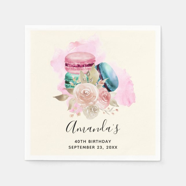 Farbenfrohe Macarons und Blume Wasserfarben Serviette (Vorderseite)