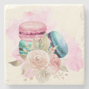 Farbenfrohe Macarons und Blume Wasserfarben Steinuntersetzer