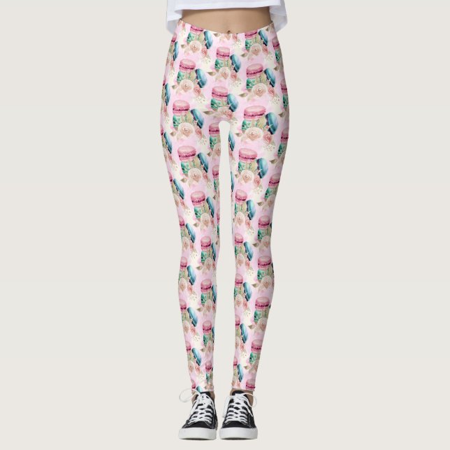 Farbenfrohe Macarons und Blume Wasserfarbmuster Leggings (Vorderseite)