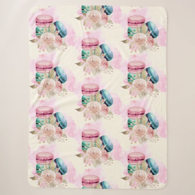Farbenfrohe Macarons und Blume Wasserfarbmuster Sherpadecke (Vorderseite)