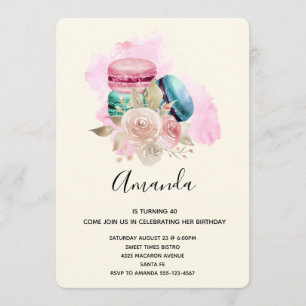 Farbenfrohe Macarons und Blumen Wasserfarben Gebur Einladung