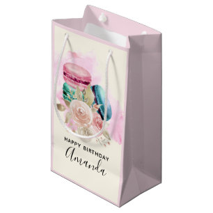 Farbenfrohe Macarons und Blumen Wasserfarben Gebur Kleine Geschenktüte