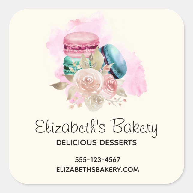 Farbenfrohe Macarys und Blume Wasserfarben Busines Quadratischer Aufkleber (Vorderseite)