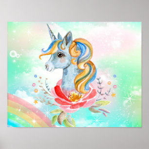 Farbenfrohe magische Einhorn-Regenbogenpresse Poster