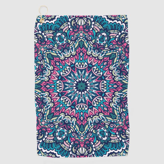 Farbenfrohe Mandala Aztec Pattern Indianisches Eth Golfhandtuch (Vorderseite)